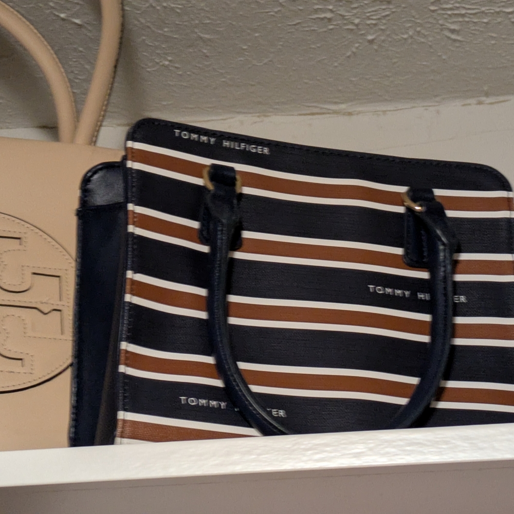 Tommy Hilfiger Navy and Brown Striped Handbag
